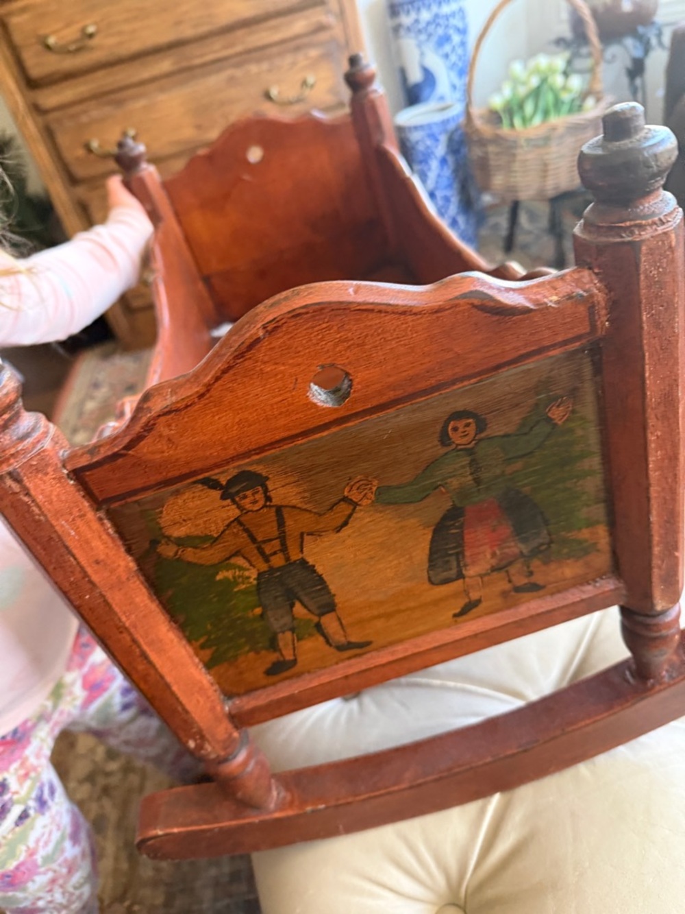 Antique Handcarved Wooden Rocking Cradle with Hand-Painted Couple - Picture 4 of 11